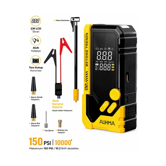 Auhma A8844 Akü Takviye Cihazı & Hava Kompresörü - 10000mAh Powerbank, 150 PSI, 1000A Peak, LED Fener