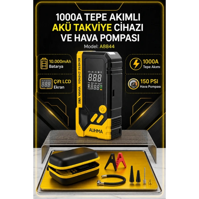 Auhma A8844 Akü Takviye Cihazı & Hava Kompresörü - 10000mAh Powerbank, 150 PSI, 1000A Peak, LED Fener