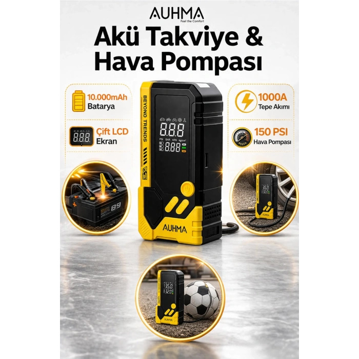 Auhma A8844 Akü Takviye Cihazı & Hava Kompresörü - 10000mAh Powerbank, 150 PSI, 1000A Peak, LED Fener