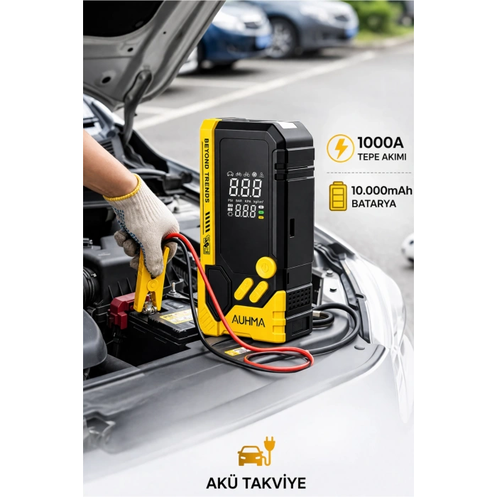 Auhma A8844 Akü Takviye Cihazı & Hava Kompresörü - 10000mAh Powerbank, 150 PSI, 1000A Peak, LED Fener