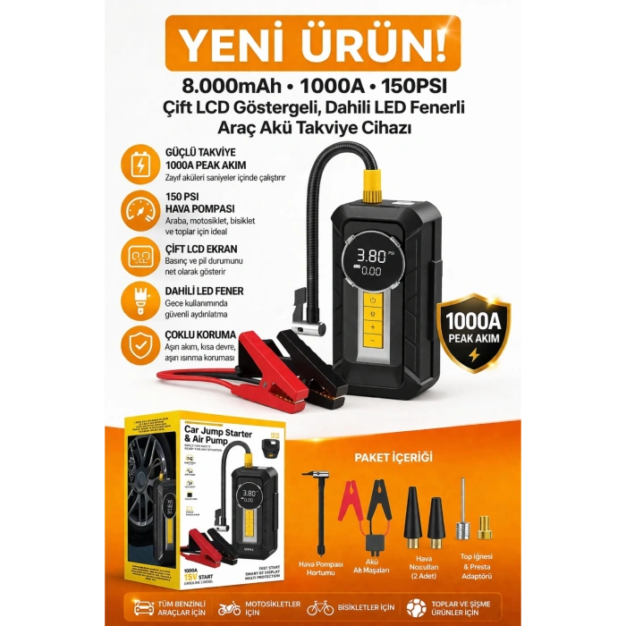 Auhma A8899 Akü Takviye Cihazı & Hava Kompresörü - 80000mAh Powerbank, 150 PSI, 1000A Peak, LED Fener