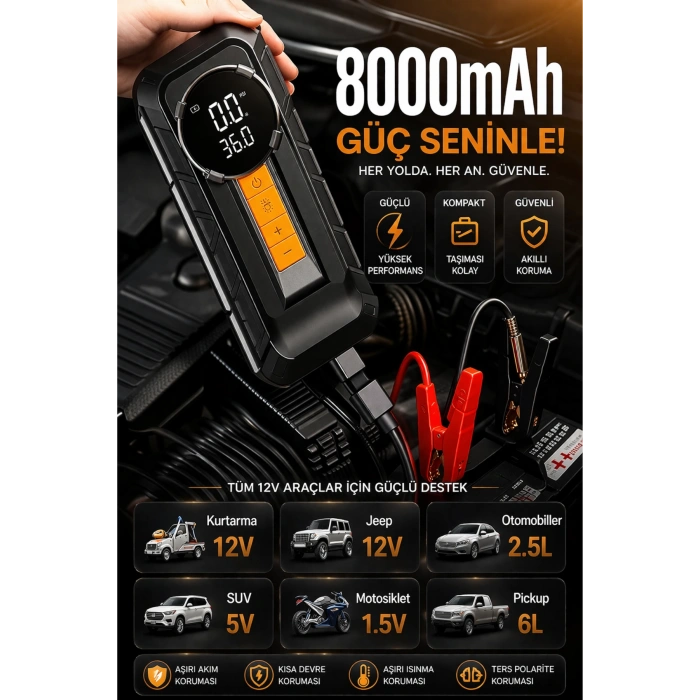 Auhma A8899 Akü Takviye Cihazı & Hava Kompresörü - 80000mAh Powerbank, 150 PSI, 1000A Peak, LED Fener