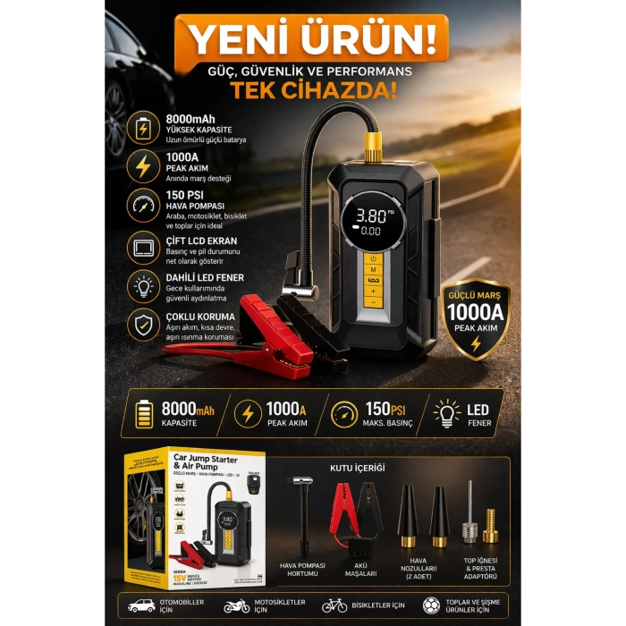 Auhma A8899 Akü Takviye Cihazı & Hava Kompresörü - 80000mAh Powerbank, 150 PSI, 1000A Peak, LED Fener