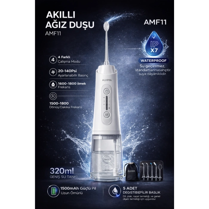 Auhma AMF11 Akıllı Şarjlı Ağız Duşu - 320ml Su Haznesi, 4 Modlu, Diş Temizleme Cihazı