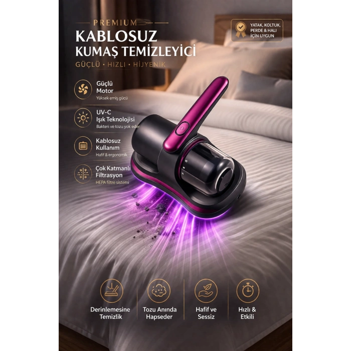 Glr G-168 Güçlü Akar Temizleyici  UV Işınlı El Tipi Yatak ve Koltuk Hijyen Süpürgesi | 100W, 12V Lityum Bataryalı