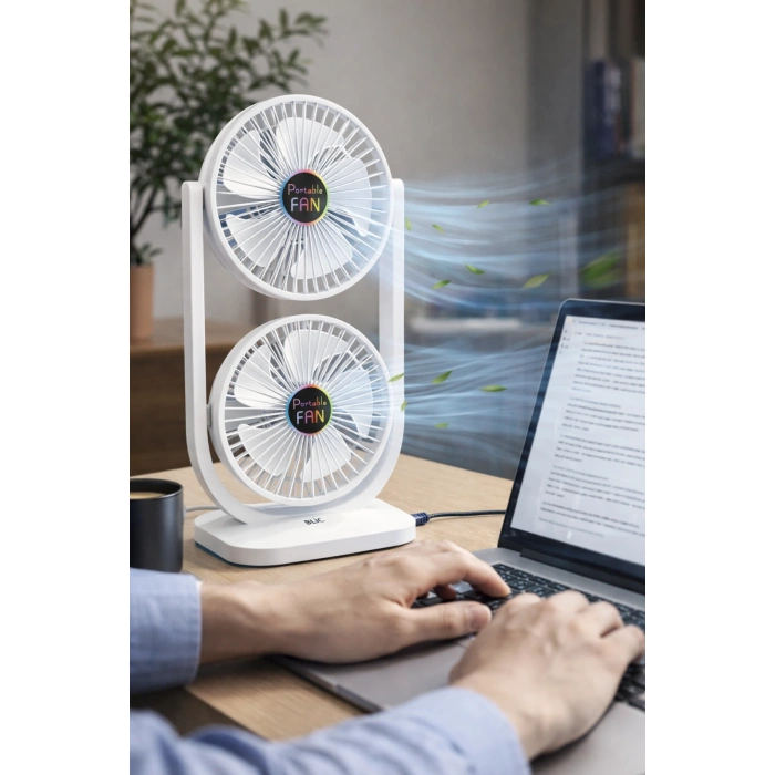 Blic BWFN28 Çift Başlıklı Masaüstü Vantilatör - Şarjlı, 3 Kademeli Taşınabilir Soğutucu Fan