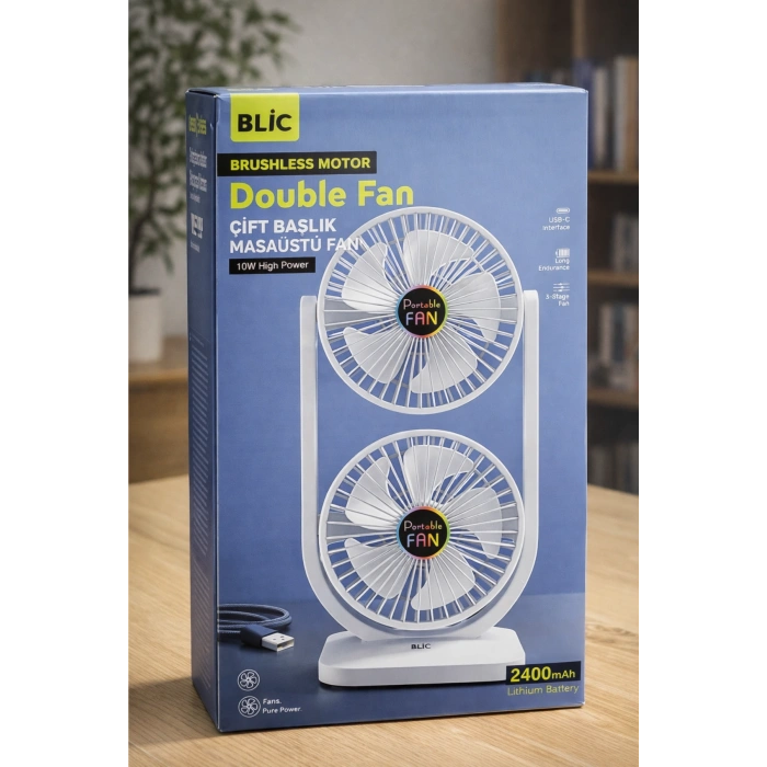 Blic BWFN28 Çift Başlıklı Masaüstü Vantilatör - Şarjlı, 3 Kademeli Taşınabilir Soğutucu Fan