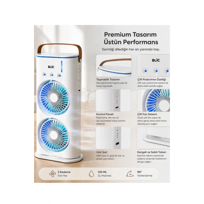 Blic BWFN26 Masaüstü Spreyli Fan - 120ml Su Hazneli, Şarjlı Taşınabilir Soğutucu Fan