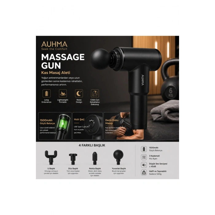 Auhma Amg35 Titreşimli Şarjlı Masaj Cihazı 24W Güçlü Performans & 4 Başlık