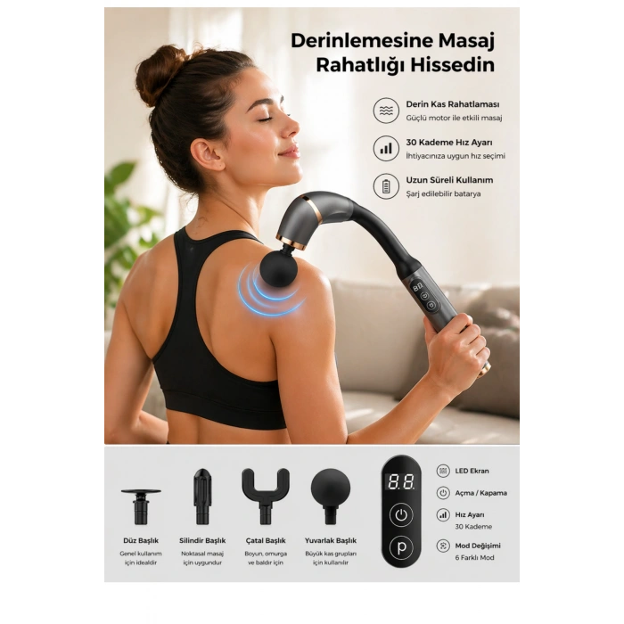 Auhma Amg16 Ergonomik Uzun Saplı Vücut Masaj Aleti - 4 Başlıklı Fonksiyonel Masaj Seti