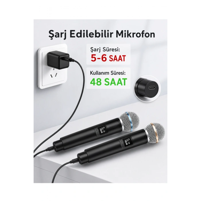 Glr WN-06 İkili Kablosuz Mikrofon Seti - Profesyonel UHF El Mikrofonu - Şarj Edilebilir Alıcılı