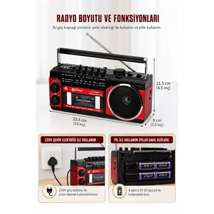 PuXing PX-250BT USB/SD Girişli Nostaljik Radyo Kasetçalar - Ses Kayıt Özellikli Bluetooth Hoparlör