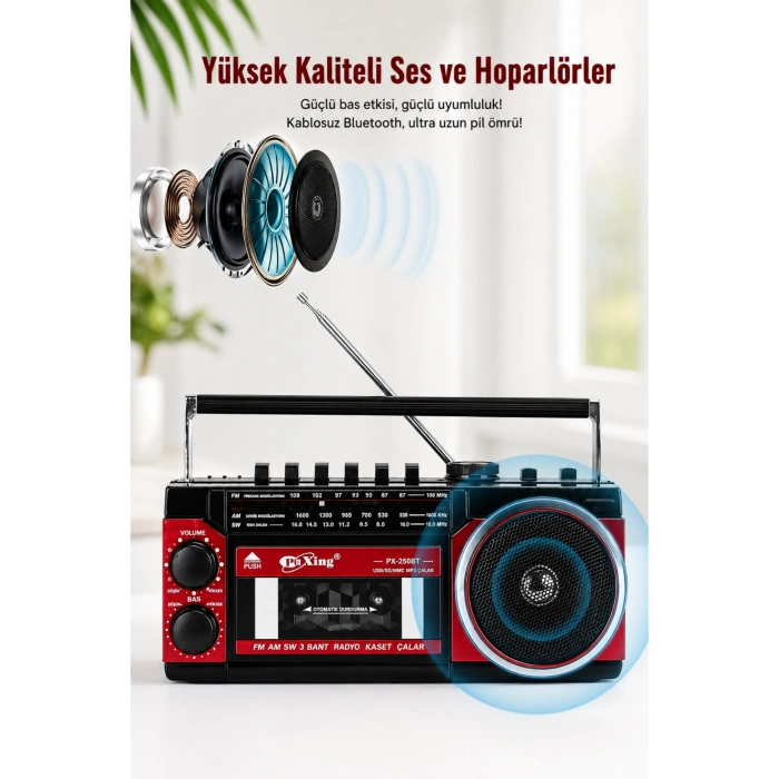 PuXing PX-250BT USB/SD Girişli Nostaljik Radyo Kasetçalar - Ses Kayıt Özellikli Bluetooth Hoparlör