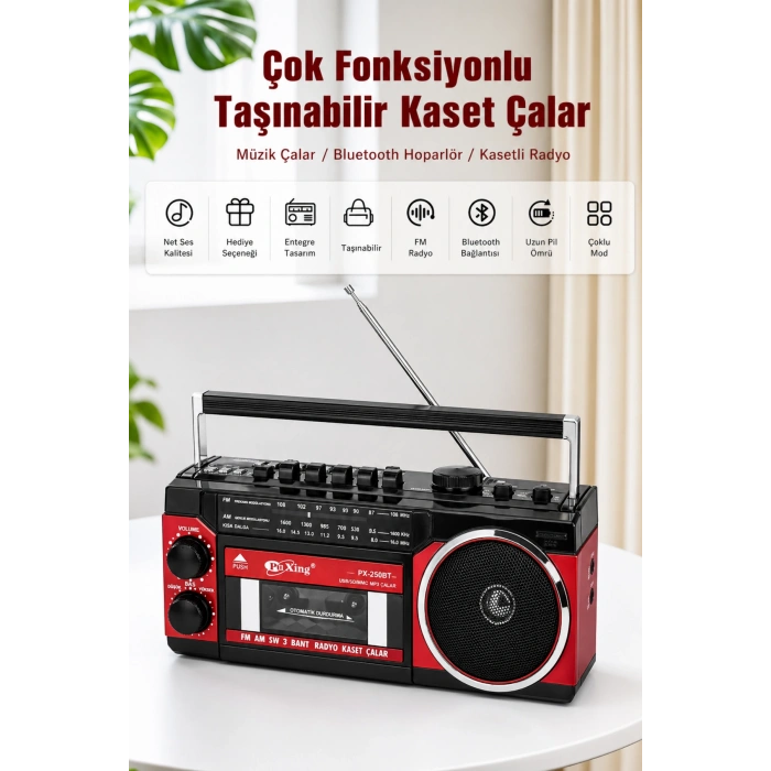 PuXing PX-250BT USB/SD Girişli Nostaljik Radyo Kasetçalar - Ses Kayıt Özellikli Bluetooth Hoparlör