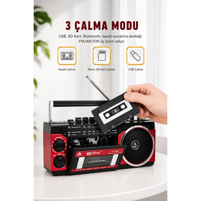 PuXing PX-250BT USB/SD Girişli Nostaljik Radyo Kasetçalar - Ses Kayıt Özellikli Bluetooth Hoparlör
