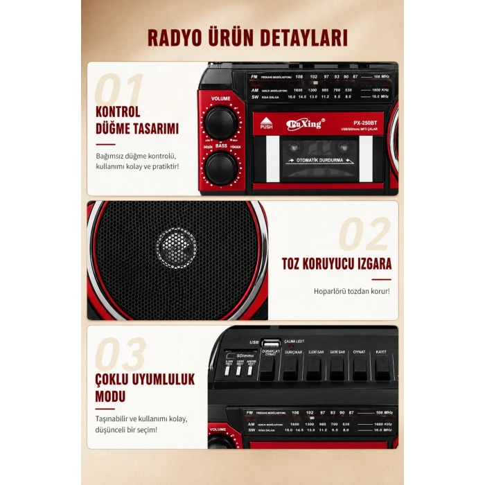PuXing PX-250BT USB/SD Girişli Nostaljik Radyo Kasetçalar - Ses Kayıt Özellikli Bluetooth Hoparlör