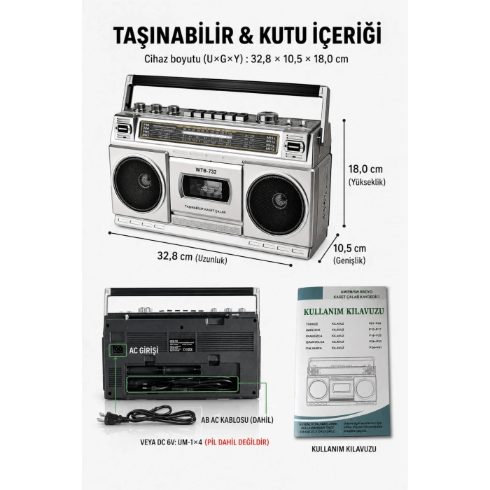 Puxing PX-555BT Nostaljik Radyo - Bluetooth, USB, TF Kart, 4 Bantlı Kaset Çalar ve Kayıt Cihazı