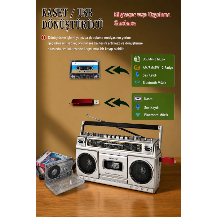 Puxing PX-555BT Nostaljik Radyo - Bluetooth, USB, TF Kart, 4 Bantlı Kaset Çalar ve Kayıt Cihazı