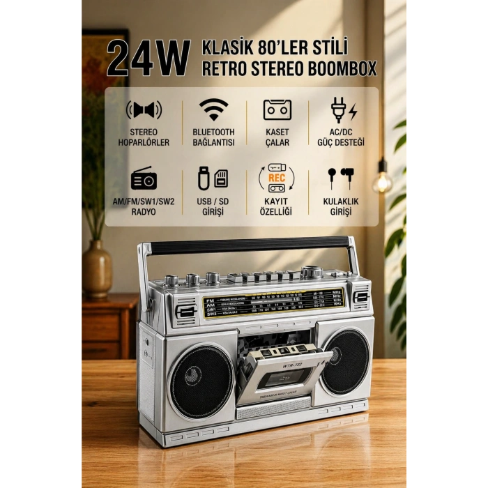 Puxing PX-555BT Nostaljik Radyo - Bluetooth, USB, TF Kart, 4 Bantlı Kaset Çalar ve Kayıt Cihazı