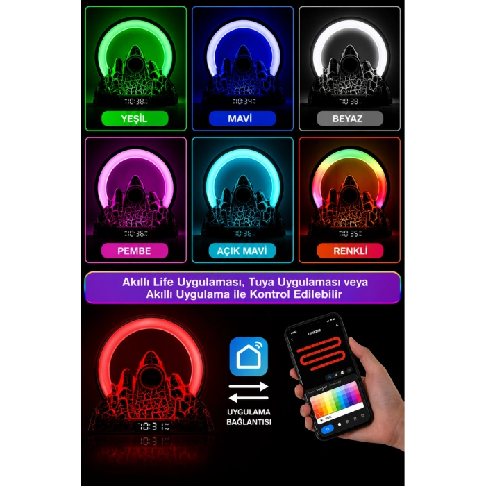 JRL NL20 Akıllı Volkanik Lambası - Bluetooth Hoparlör, Uygulama Kontrollü RGB Gece Lambası ve Çalar Saat