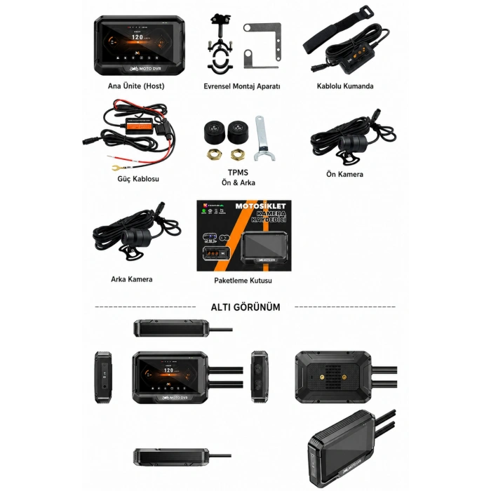 Glr T10 Motosiklet Kamera Kayıt Cihazı - Kablosuz CarPlay & Android Auto, Dual Kamera, GPS ve TPMS Desteği