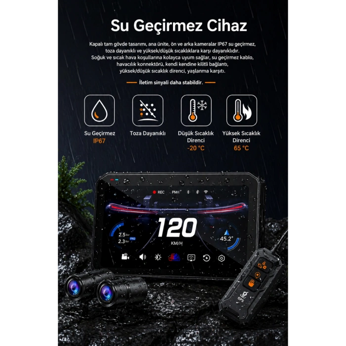 Glr T7 Kablosuz CarPlay & Android Auto Destekli Motosiklet Multimedya Sistemi - Çift Kameralı Dashcam ve TPMS Hediyeli