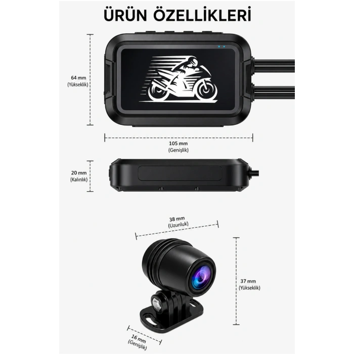 Glr V9 Motosiklet Araç Kamerası - 3.0 IPS Ekran - Çift Kamera Full HD 1080P WiFi & GPS Destekli