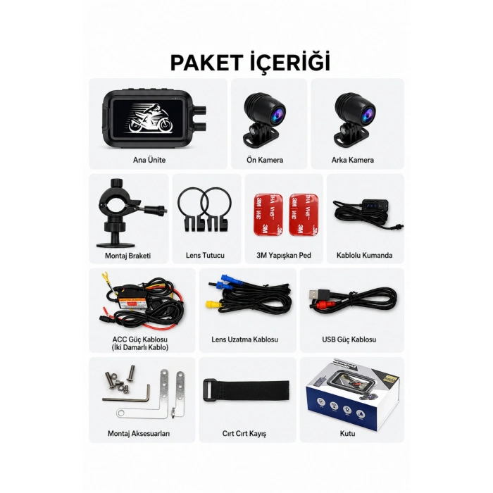 Glr V9 Motosiklet Araç Kamerası - 3.0 IPS Ekran - Çift Kamera Full HD 1080P WiFi & GPS Destekli