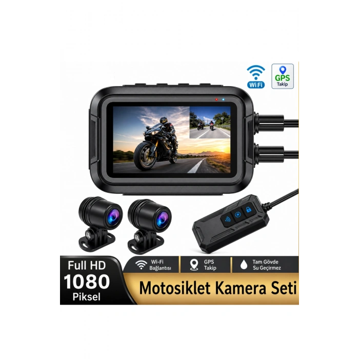 Glr V9 Motosiklet Araç Kamerası - 3.0 IPS Ekran - Çift Kamera Full HD 1080P WiFi & GPS Destekli