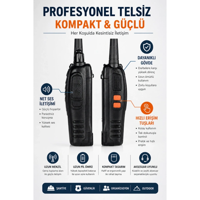 4 Adet Telsiz Seti Profesyonel Uzun Menzil Dayanıklı Şarjlı Telsiz BF-888S