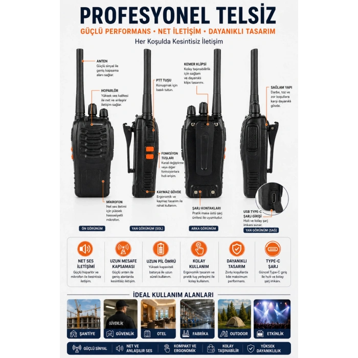 4 Adet Telsiz Seti Profesyonel Uzun Menzil Dayanıklı Şarjlı Telsiz BF-888S