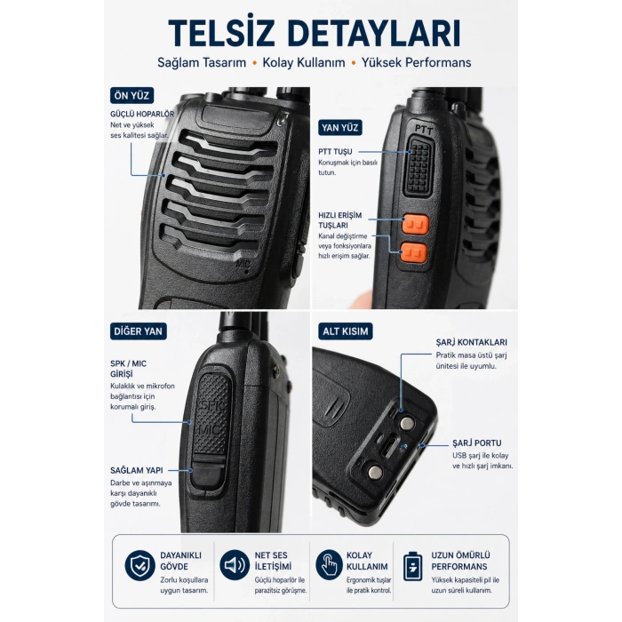 4 Adet Telsiz Seti Profesyonel Uzun Menzil Dayanıklı Şarjlı Telsiz BF-888S