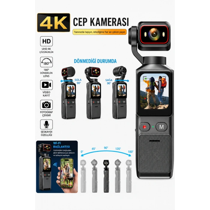 Glr L19 4K Ultra HD Wi-Fi Vlog Kamerası 180 Dönebilir Lens, 6 Eksenli Sarsıntı Önleyici (Gimbal Destekli)