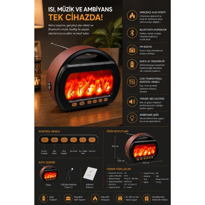 Fepe FP-535 Şömine Görünümlü Alevli Taşınabilir Radyo & Bluetooth Hoparlör