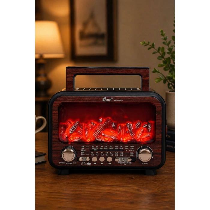 Fepe FP-2393-S Solar Panelli Nostaljik Radyo - Bluetooth Hoparlör ve Alev Efektli Gece Lambası