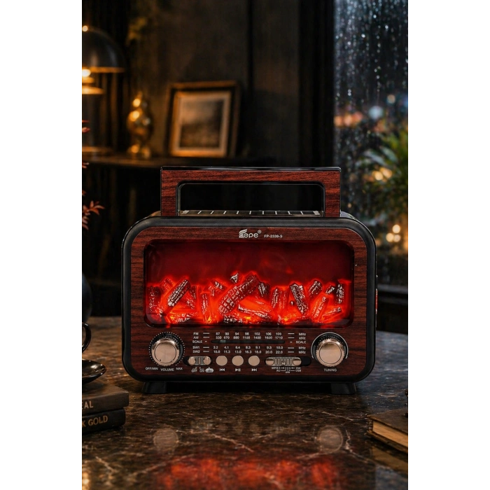 Fepe FP-2393-S Solar Panelli Nostaljik Radyo - Bluetooth Hoparlör ve Alev Efektli Gece Lambası