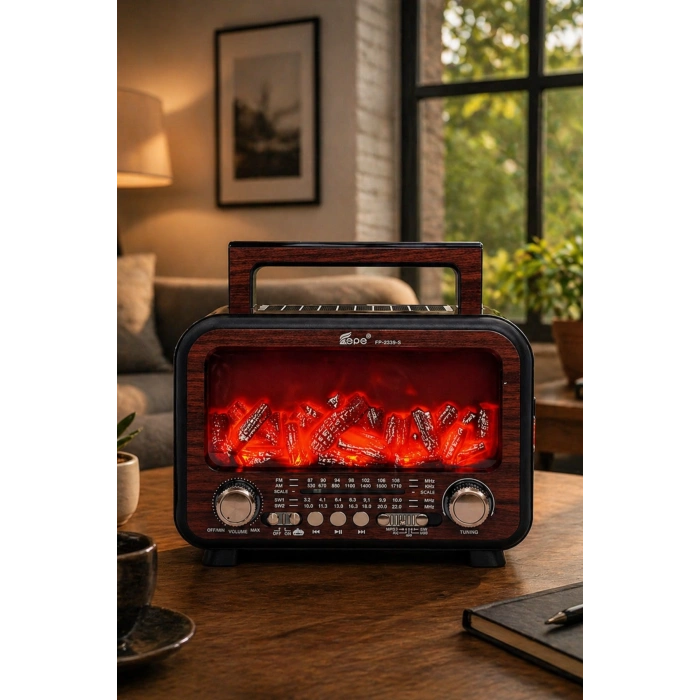 Fepe FP-2393-S Solar Panelli Nostaljik Radyo - Bluetooth Hoparlör ve Alev Efektli Gece Lambası