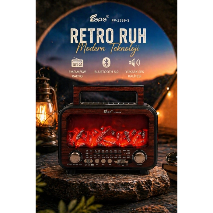 Fepe FP-2393-S Solar Panelli Nostaljik Radyo - Bluetooth Hoparlör ve Alev Efektli Gece Lambası