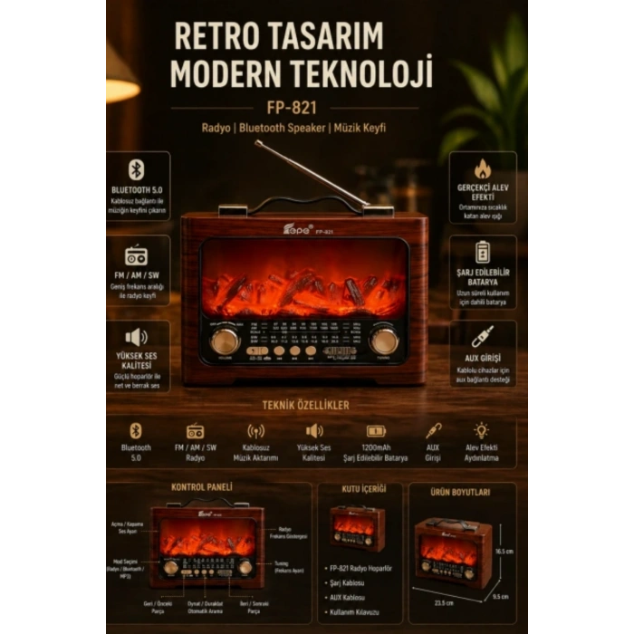 Fepe FP-821 Şömine Görünümlü Şarjlı Nostaljik Radyo ve Kablosuz Hoparlör