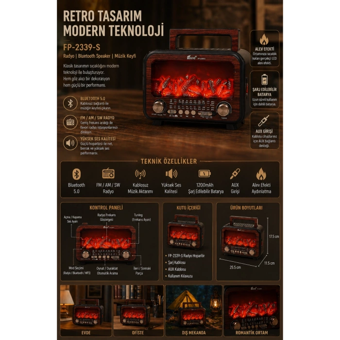Fepe FP-2393-S Solar Panelli Nostaljik Radyo - Bluetooth Hoparlör ve Alev Efektli Gece Lambası