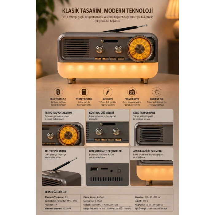 Meier MD-1314BT Gri Nostaljik Radyo - Bluetooth 5.4, Girişli, Şarjlı Retro Görünümlü Hi-Fi Hoparlör