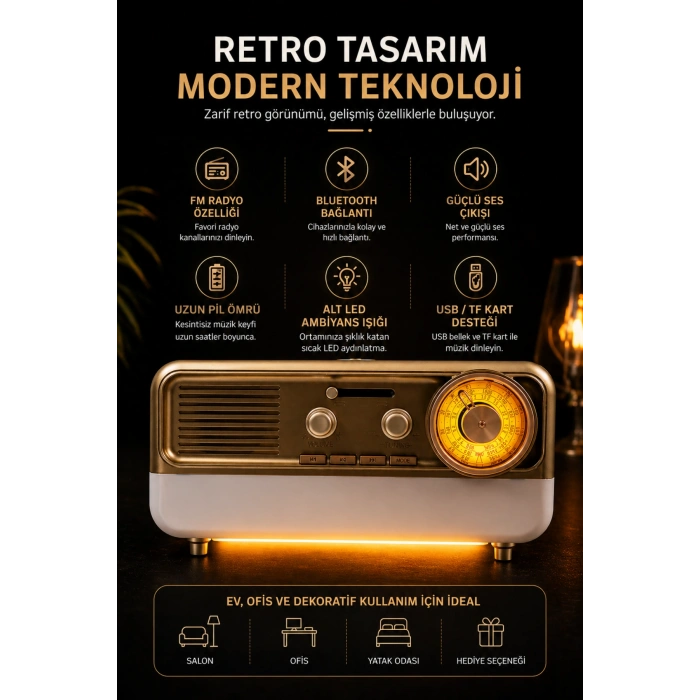 Meier MD-1314BT Gold Nostaljik Radyo - Bluetooth 5.4, Girişli, Şarjlı Retro Görünümlü Hi-Fi Hoparlör