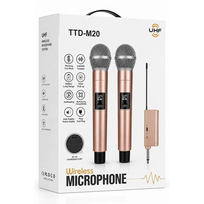 Jrl Wn-11 Profesyonel Çiftli Kablosuz El Mikrofonu Seti - UHF Bandı Şarj Edilebilir Alıcılı - Rose Gold