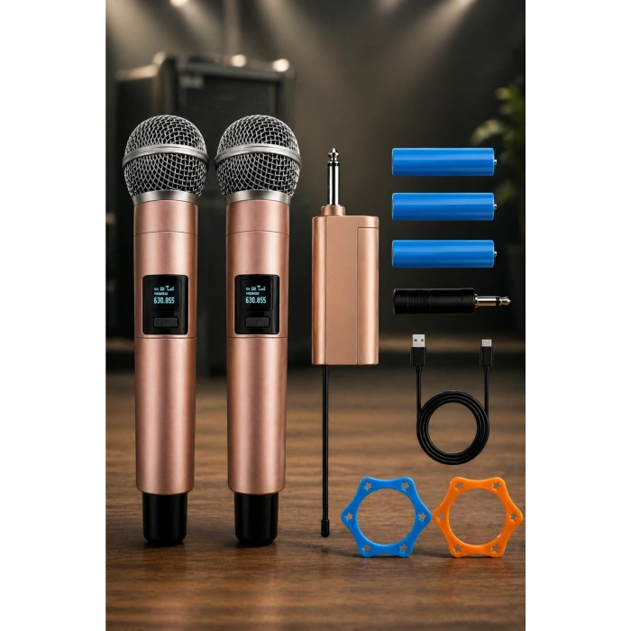 Jrl Wn-11 Profesyonel Çiftli Kablosuz El Mikrofonu Seti - UHF Bandı Şarj Edilebilir Alıcılı - Rose Gold