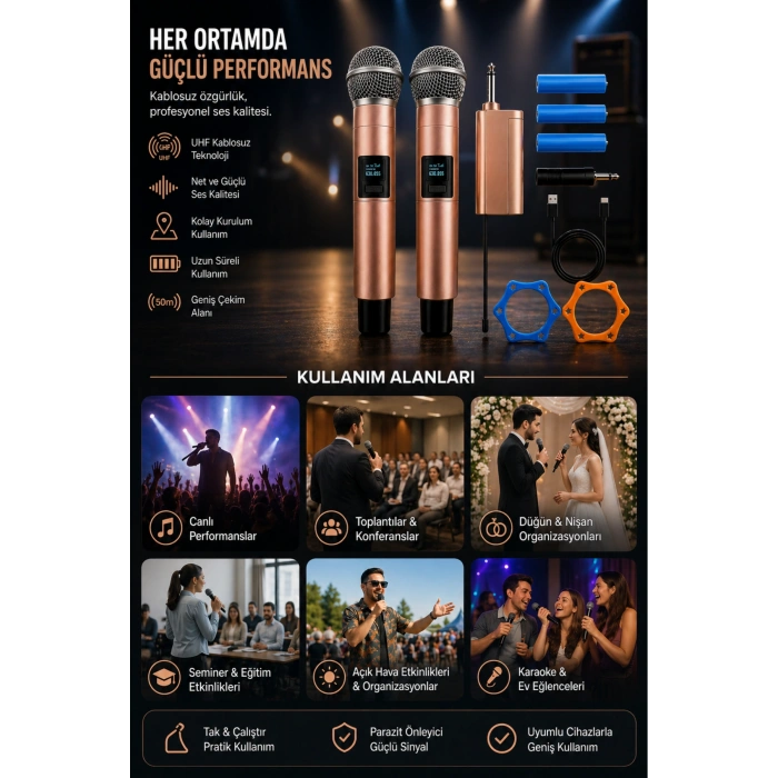 Jrl Wn-11 Profesyonel Çiftli Kablosuz El Mikrofonu Seti - UHF Bandı Şarj Edilebilir Alıcılı - Rose Gold