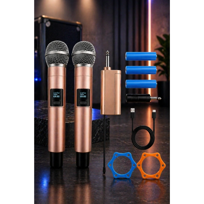 Jrl Wn-11 Profesyonel Çiftli Kablosuz El Mikrofonu Seti - UHF Bandı Şarj Edilebilir Alıcılı - Rose Gold