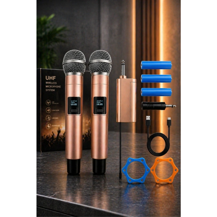 Jrl Wn-11 Profesyonel Çiftli Kablosuz El Mikrofonu Seti - UHF Bandı Şarj Edilebilir Alıcılı - Rose Gold
