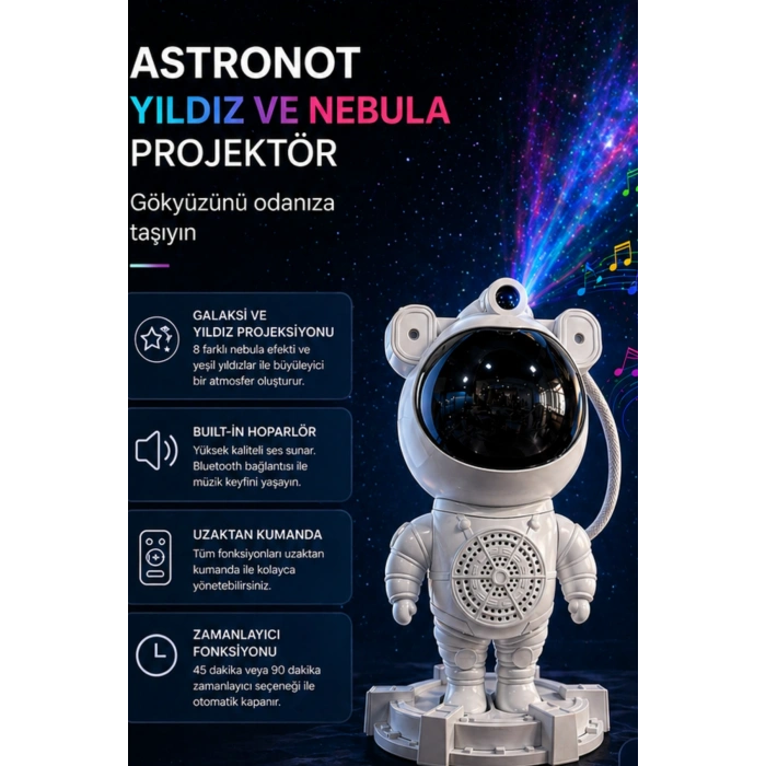 Glr MXS-003 Uzay Astronot Gökyüzü Lazer Projeksiyon ve Bluetooth Hoparlör Gece Lambası