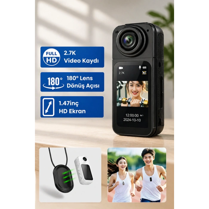 Glr S70 2.7K HD Manyetik Askılı Aksiyon Kamera Vücut Kamerası 180 Dönebilen