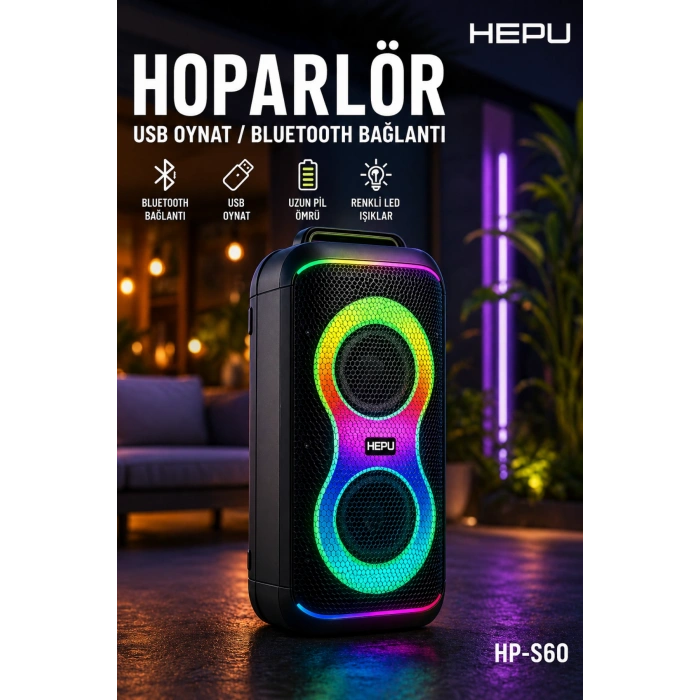 Hepu HP-S60 6000W Işıklı Karaoke Hoparlörü - Kablosuz Mikrofon Setli Parti Hoparlörü